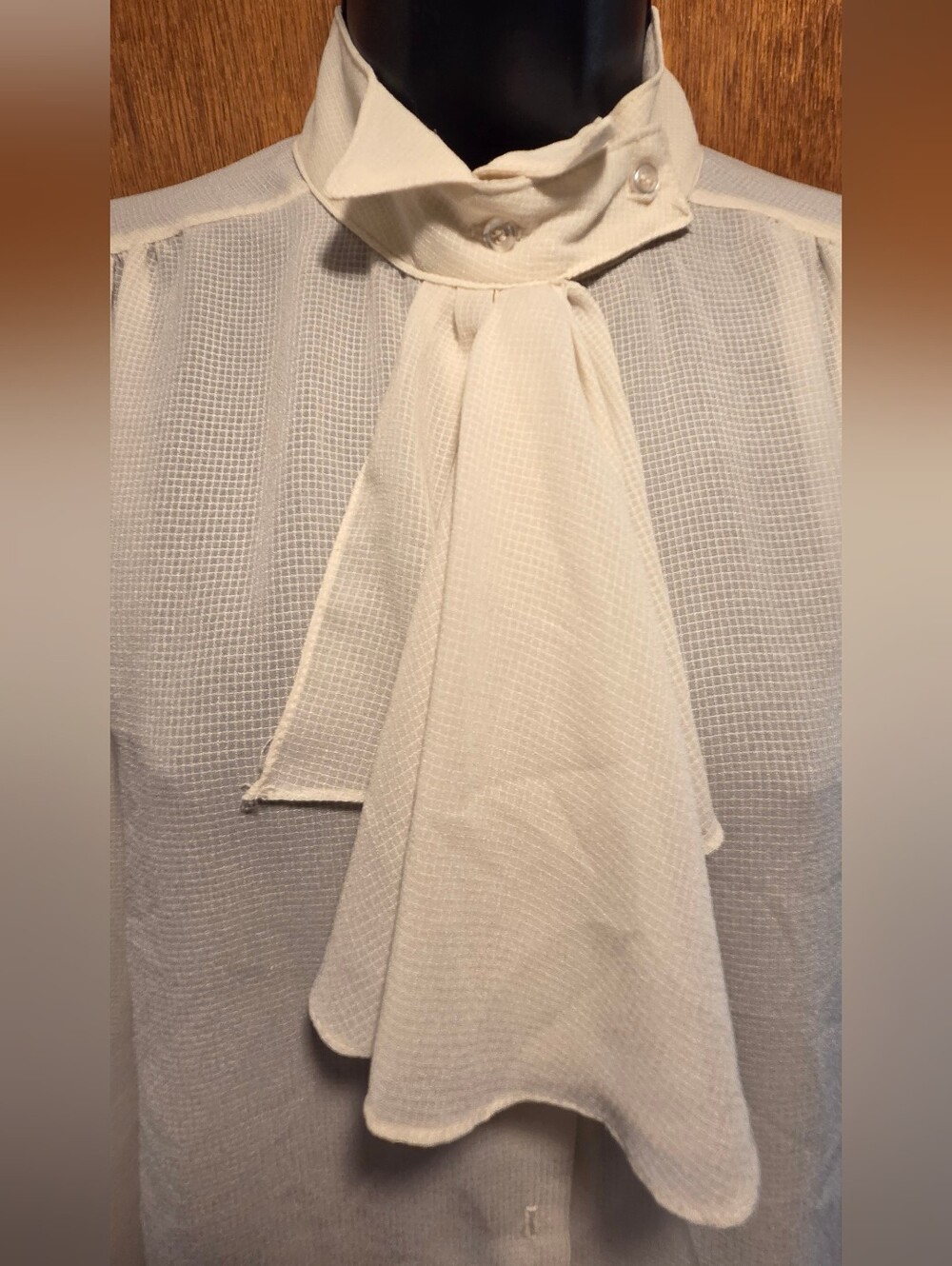 Cream Tie-Neck Blouse Classic Women's Vintage Sheer Top SzM - Picture 6 of 7